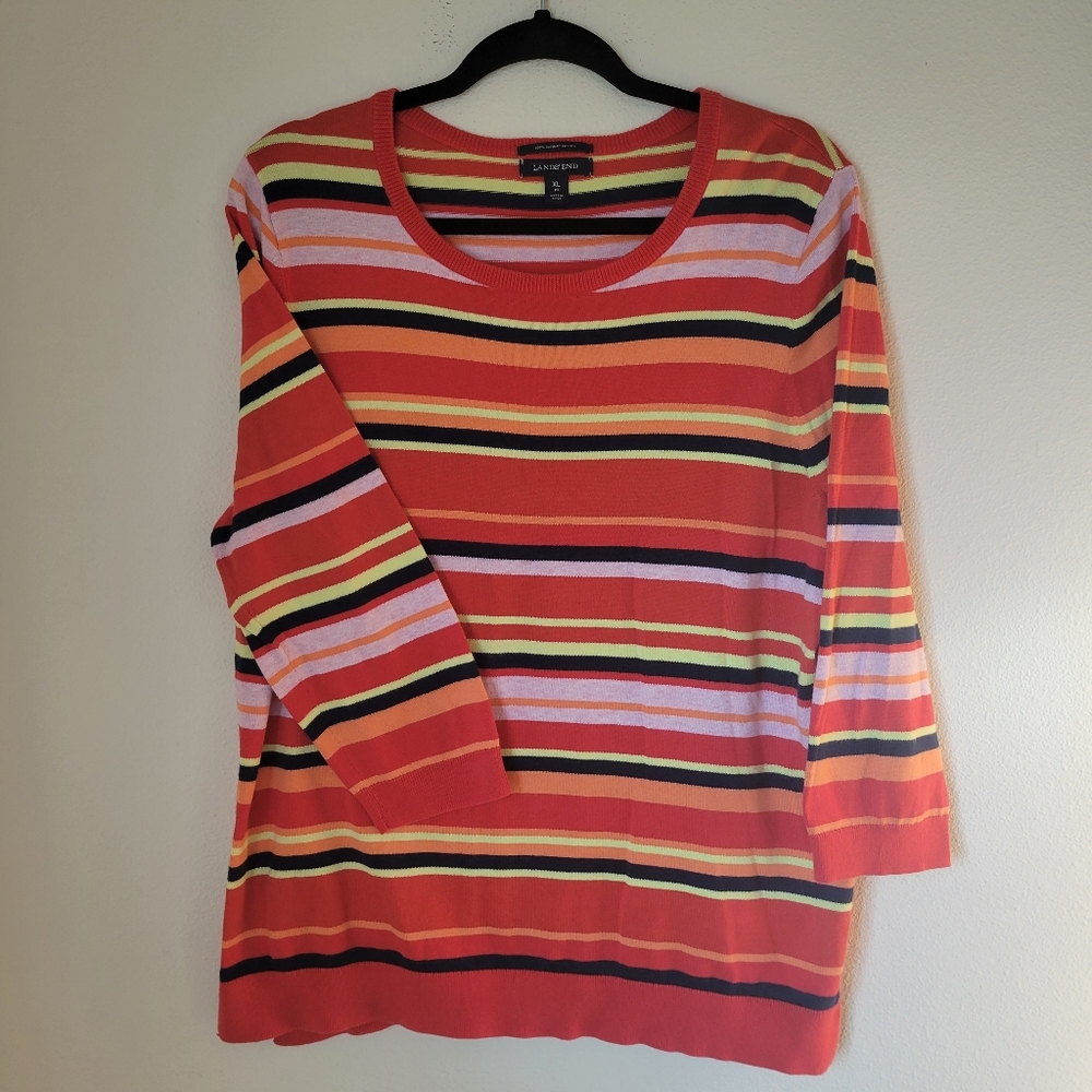 Lands End Women’s Striped 100% Supima Cotton Sweater Size XL 18 Red Classic